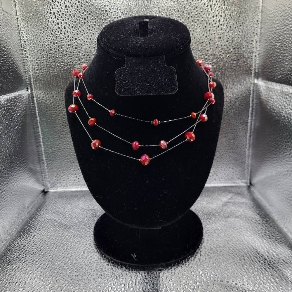 Vintage 90s Triple Strand Floating AB Red Crystal Necklace - 18.5"